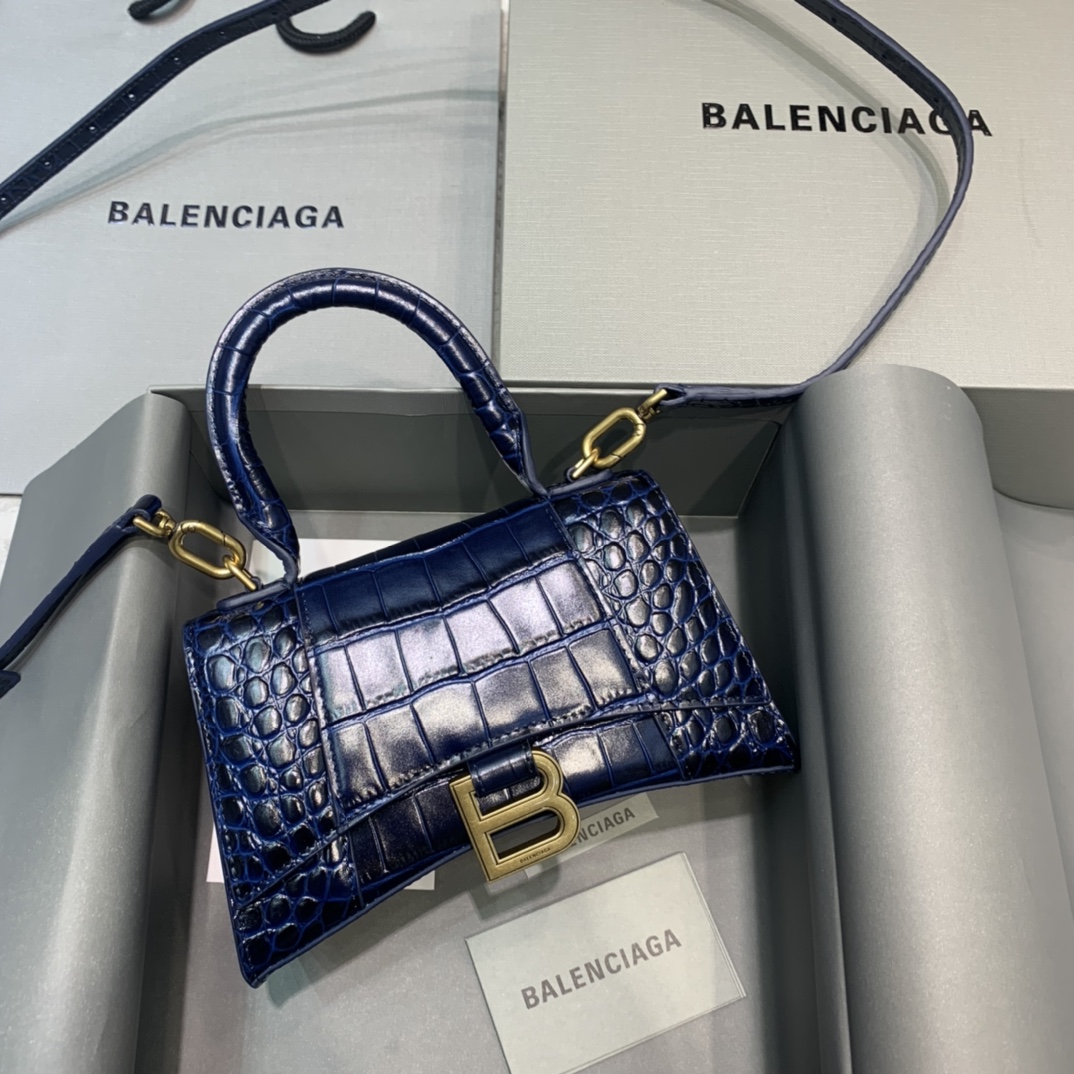 Balenciaga Hourglass XS Handbag Crocodile Embossed Shoulder Bag Dark Blue